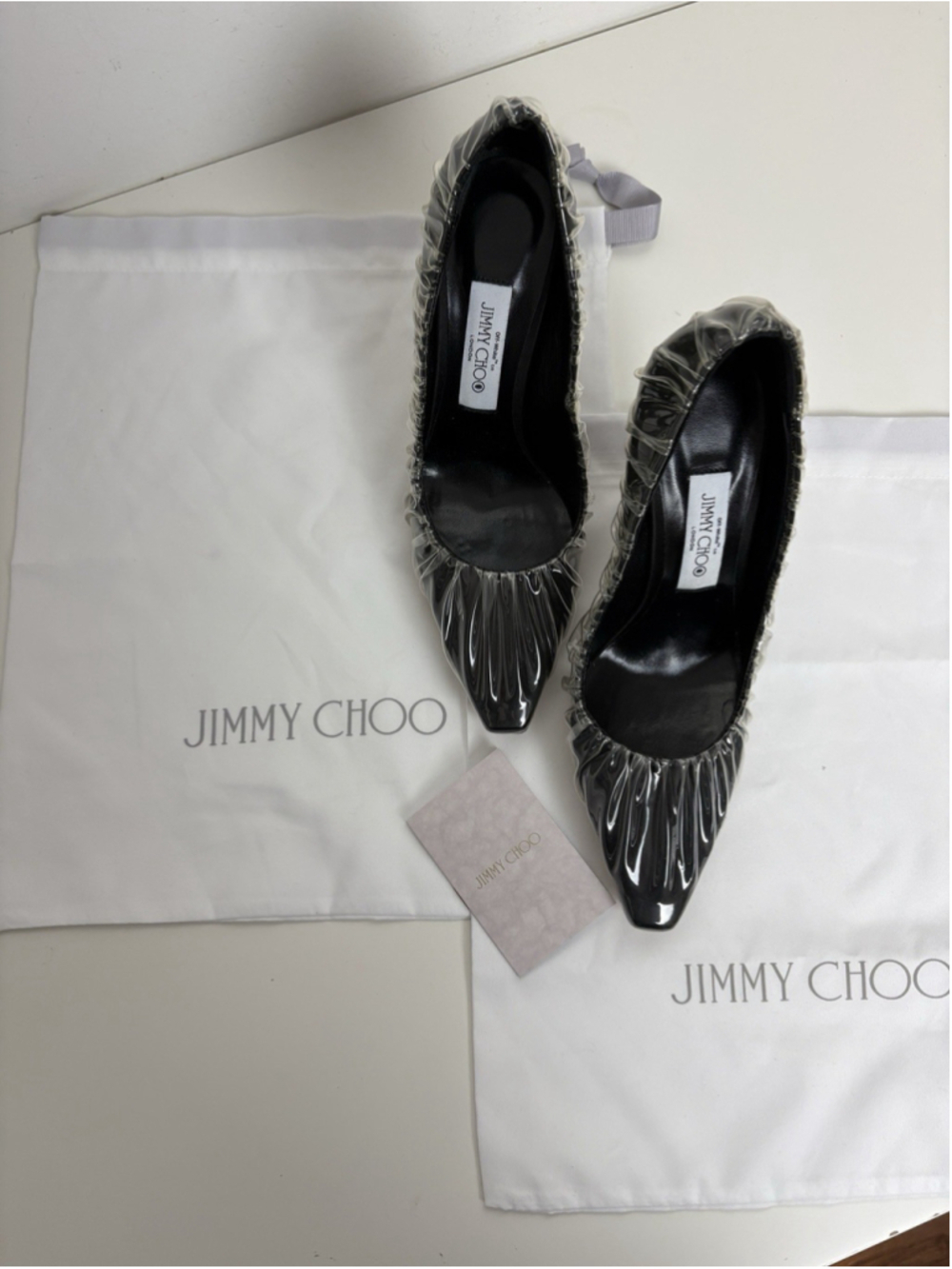 Jimmy Choo x Off-White Anne 100 Pumps Black PVC Ruched Pointed Toe Heel 38 NEW - Picture 6 of 14